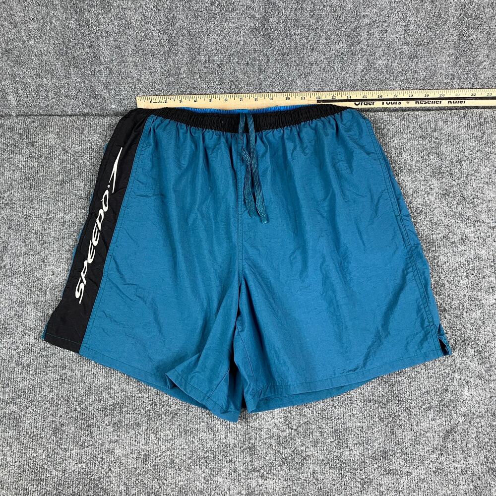 Speedo Swim Trunks Mens L Teal‎ Blue Black Nylon Mesh Lined Drawstring Swimwear